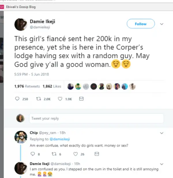 Corper Caught Having Sex With Another Guy After Fiance Sent Her N200K - Twitter Use